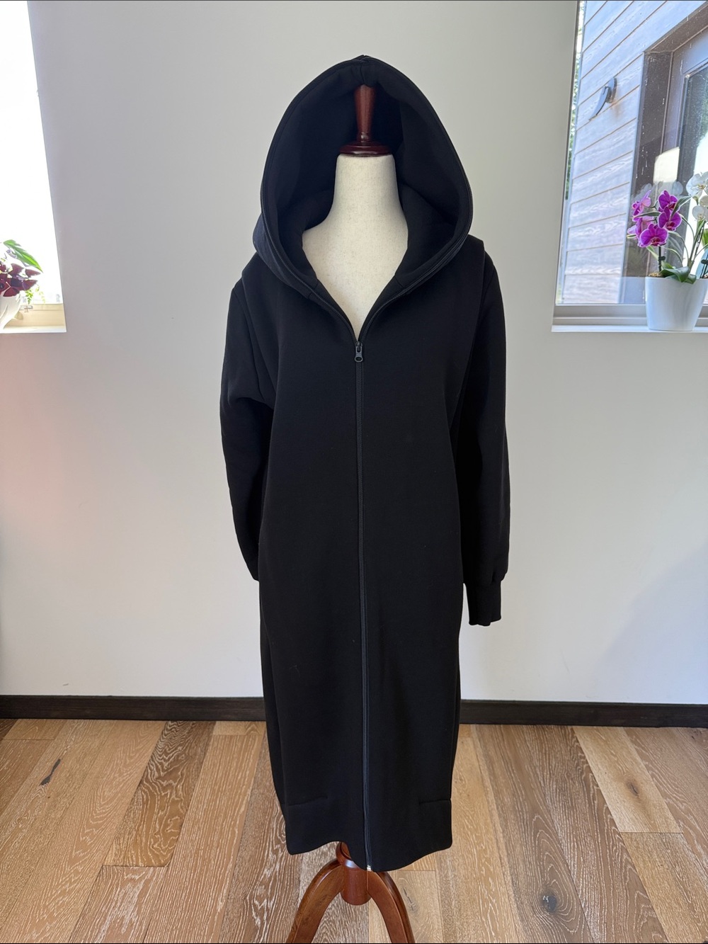 Long Black Hooded Zip Front Coat